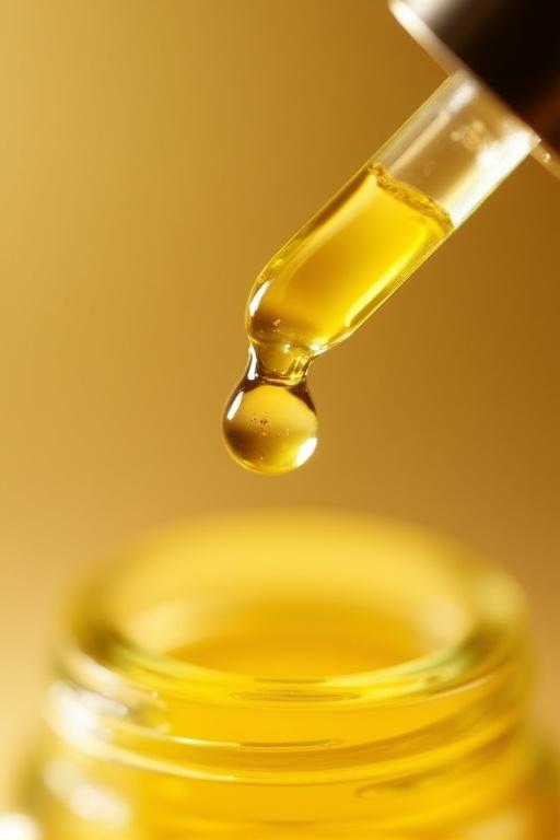 Gotero liberando una gota de aceite esencial dorado.