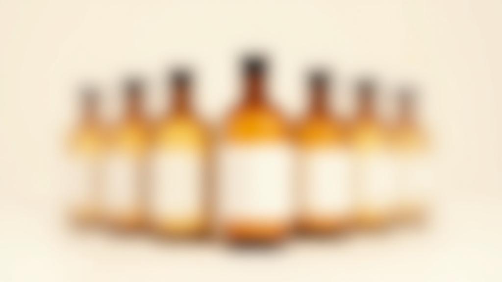 Fila de botellas de vidrio ámbar con etiquetas minimalistas.