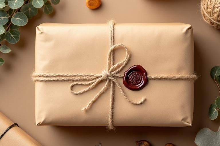 Paquete listo para enviar con papel kraft, cuerda de yute y un sello de cera.