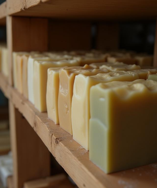 Barras de jabón de diferentes colores curándose en una estantería de madera.