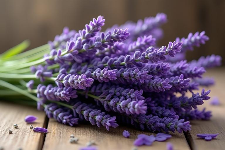 Ramo de lavanda fresca sobre una superficie de madera rústica.