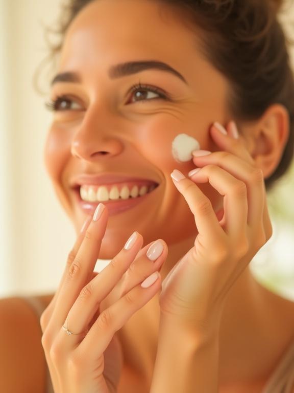 Primer plano de una mujer sonriendo mientras se aplica un sérum facial.