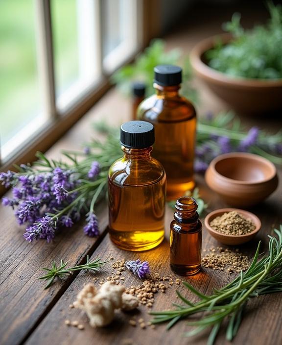 Bodegón de ingredientes naturales como lavanda, romero y aceites esenciales.