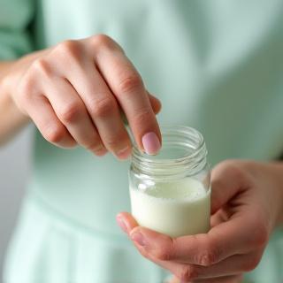 Envasado manual de una crema en un tarro de vidrio.