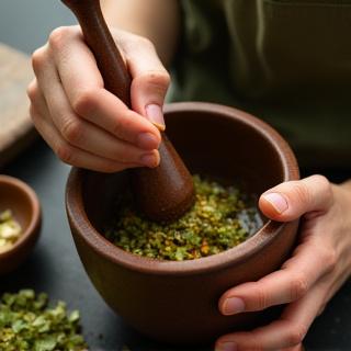 Mezcla de aceites en un recipiente de cerámica.