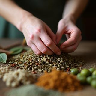 Selección manual de flores secas y hierbas.