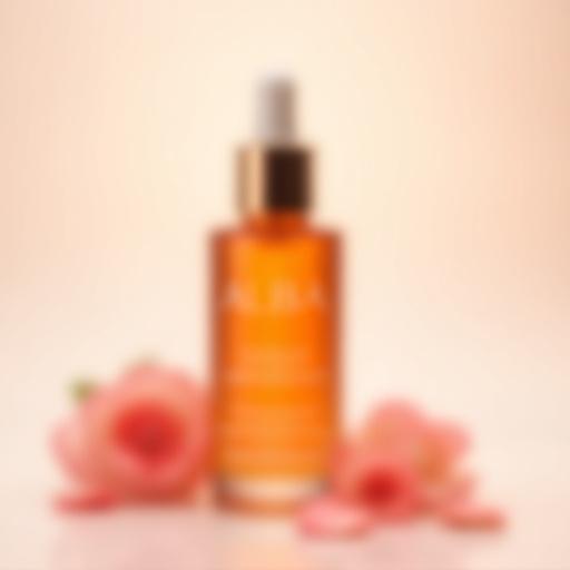 Sérum facial de aceite de rosas en un frasco de vidrio ámbar.